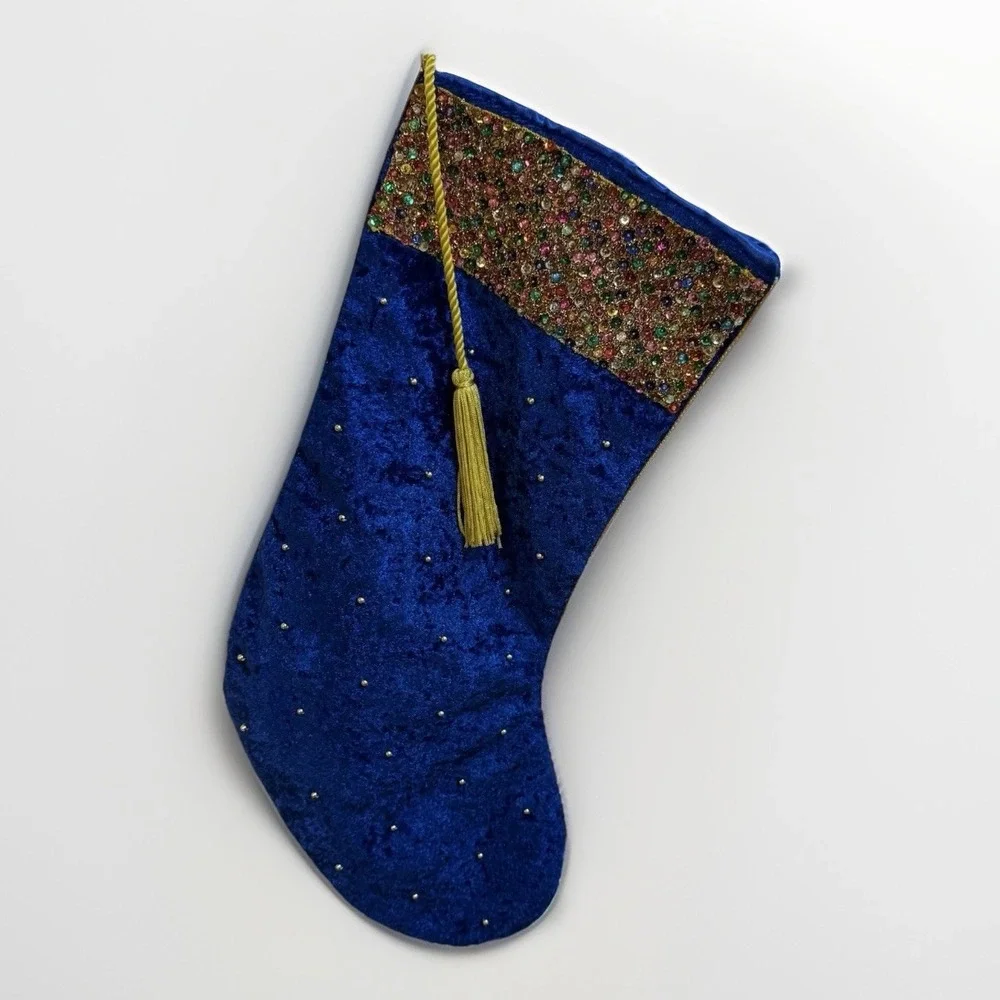 Ethereal Blue Velvet Christmas Stocking with Multicolor Sequins &‎ Gold Tassel